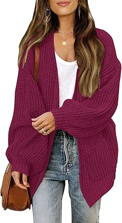 MEROKEETY Women's 2024 Fall Open Front Long Lantern Sleeve Cardigan Oversized Chunky Outwear with Pocket