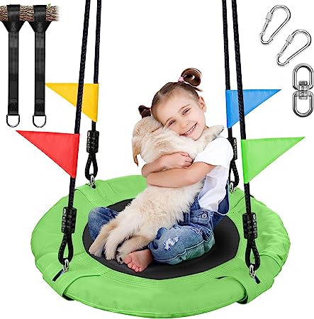 Odoland 24 inch Chidren Tree Swing Net Swing Outdoor Kid Platform Swing with Detachable 600LB Weight Load Oxford Fabric and Adjustable Hanging Ropes for Tree, Backyard and Indoor