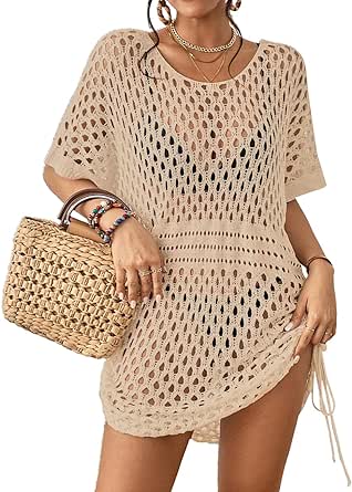 Bsubseach Crochet Cover Ups for Women Hollow Out Knit Bikini Swimwear Swimsuit Cover Up Beach Dress Drawstring