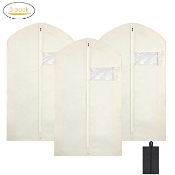 Garment Bags with Shoe Bag, Magicfly 42 Inch Breathable Dress/Suit Covers with Clear Window, Full Zipper Suit Bag for Suit Carriers, Dresses, Linens, Storage or Travel, Pack of 3, (Beige)