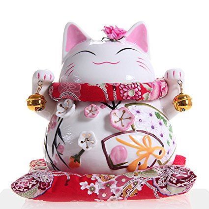 Maneki Neko - Japanese Lucky Cat with Two Bells - High-quality, Ornately Decorated Porcelain