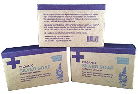 Organic Silver Soap - All Natural Lavender: Made with Certified Organic Ingredients. Silver Infused Soap to Cleanse Skin & Kill Bacteria. 4oz Bar (3 Bars)