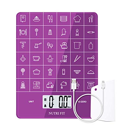 Rechargeable Digital Kitchen Scale Multifunction Food Scale with Dough Scraper by NUTRI FIT, Portable and Tare Function, 11lb/5kg Baking & Cooking Scale, Purple.