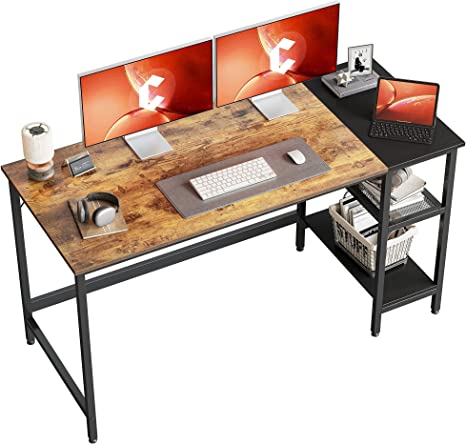 CubiCubi Computer Home Office Desk, 140 * 60cm Small Desk Study Writing Table with Storage Shelves, Modern Simple PC Desk with Splice Board, Rustic Brown and Black