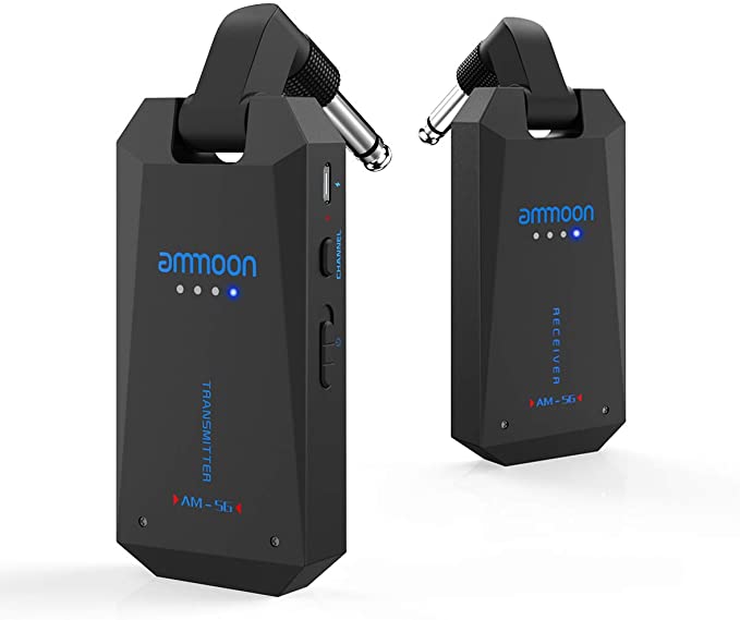 ammoon 5.8GHz Wireless Guitar System Rechargeable Audio Transmitter and Receiver 4 Channels ISM Band for Electric Bass Guitars Amplifier Accessories