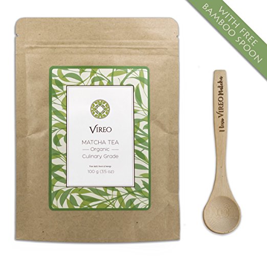 Green Tea Matcha Premium Powder | with The Gift - Bamboo Spoon | From Certified Organic Farm | Finest Culinary Powder - Natural Energy & Focus Booster Packed With Antioxidants. Premium Culinary Grade Matcha Tea For Mixing In Lattes, Smoothies & Cooking, Finest Culinary Grade)