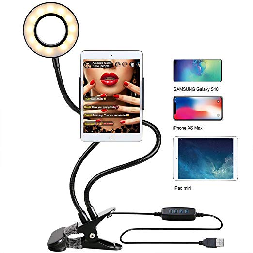 Selfie Ring Light with Stand for Live Stream - GLCON Makeup Ring Light for YouTube - Dimmable LED Camera Light with Cell Phone Holder for iPhone Xs MAX 8 7 6 Plus Samsung Galaxy LG iPad