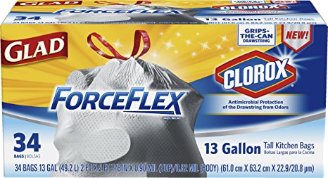 Glad ForceFlex Tall Kitchen Bags with Antimicrobial Protection of the Drawstring from Odors, 13 Gallon, 34 count