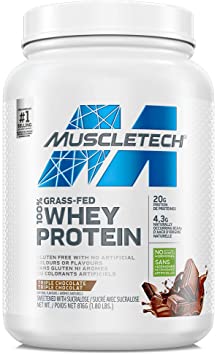 Whey Protein Powder, MuscleTech Grass Fed 100% Whey Protein, Protein Powder for Women & Men, Growth Hormone Free, Non-GMO, Gluten Free, 20g Protein + 4.3g BCAA, Triple Chocolate, 1.8 lbs (23 Servings)