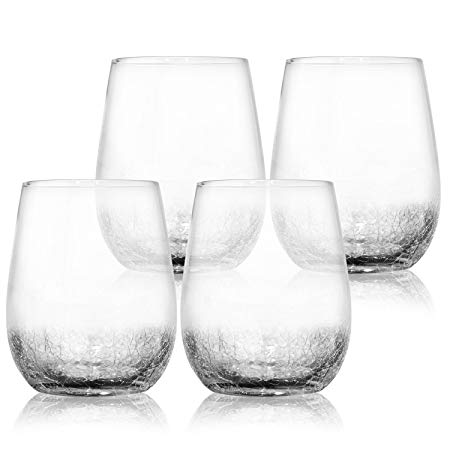 4 Pack Crackle Decorative Wine Glasses 15 oz- Elegant and Partially Crackled- Set of 4 Fancy Wine Glasses- Unique Handmade Design Sparkles Like Fractured Ice- Impressive for Red & White Wine- Vintage