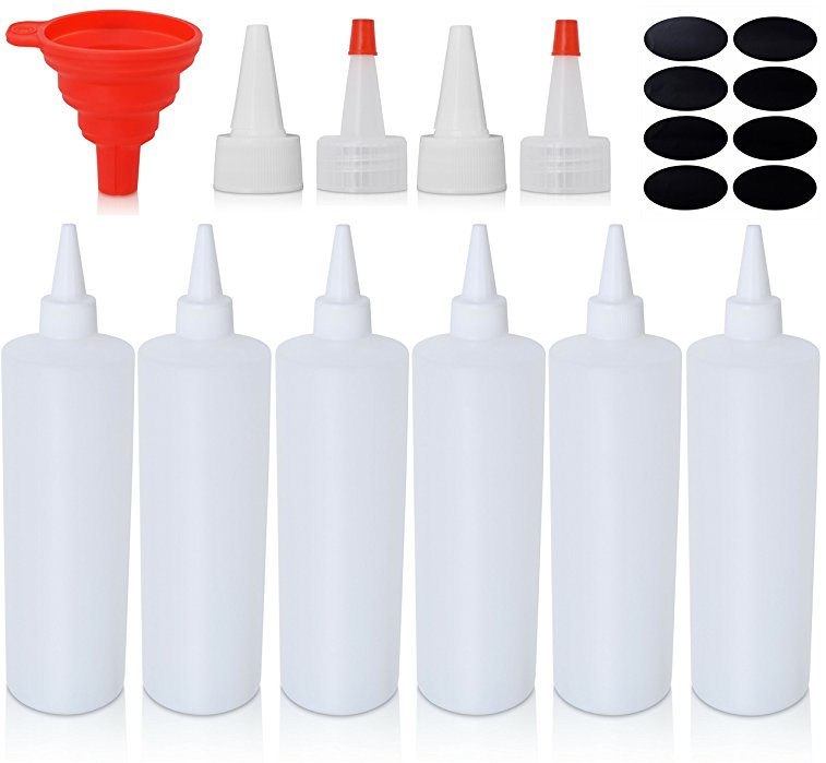 Squeeze Bottle 16 oz - 6 Pack - With Caps, Silicone Funnel, Chalk Labels, 4 Extra Caps, E-book . Leakproof, BPA Free & Refillable Squirt Plastic Bottles For Condiments, Mustard, Ketchup and Others