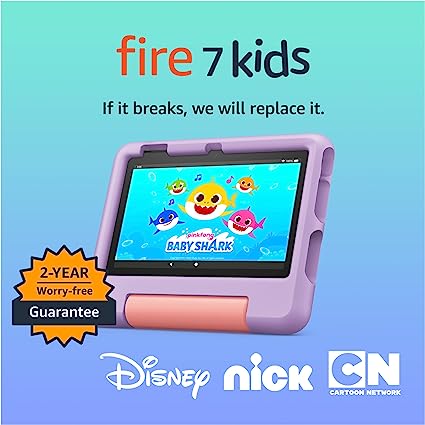 Amazon Fire 7 Kids tablet, ages 3-7. Top-selling 7" kids tablet on Amazon - 2022 | 6-months ad-free content with parental controls included, 10-hr battery, 16 GB, Purple