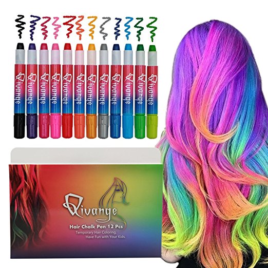 Qivange Hair Chalk, 12 Colours Non-Toxic Hair Dye for Both Wet and Dry Hair, Temporary Hair Chalk Pen for Kids, Ideal Birthday Children's Day Gifts for Girls Boys for Age 4 and Plus
