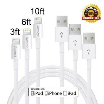 Sunnest 3 Pack in Assorted Lengths 3FT6FT10FT 8 Pin Lightning Charging Cable Cord for iPhone 6 6 Plus 6s 6s Plus5s 5c 5 iPad Air Mini iPod Touch and Nano White