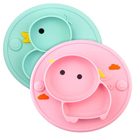 Baby Divided Plate Silicone- Portable Non Slip Child Feeding Plate with Suction Cup for Children Babies and Kids BPA Free Baby Dinner Plate Microwave Dishwasher Safe (Cyan Duck/Rose Pig)