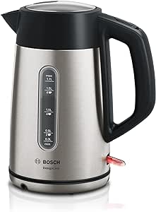 Bosch kabelloser Wasserkocher DesignLine TWK4P440, Ausgießen ohne Spritzer, Tassenanzeige, Wasserstandsanzeige, Überhitzungsschutz, 1,7 L, 2400 W, Edelstahl/schwarz