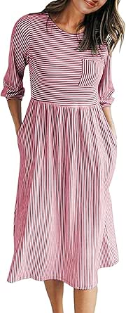 MEROKEETY Women's 3/4 Balloon Sleeve Striped High Waist T Shirt Midi Dress with Pockets