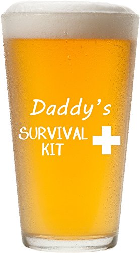 Daddy's Survival Kit - Funny 16 oz Pint Glass, Permanently Etched, Gift for Dad, Co-Worker, Friend, Boss, Christmas, New Dad Gift, First Father's Day - PG14