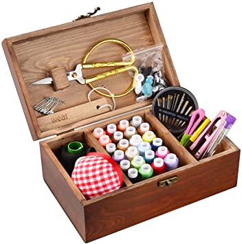 ISOTO Wooden Vintage Sewing Basket with Sewing Kit Accessories Organizer Box for Grandma Mon Girl Women Hobbyist Household Gift