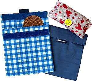 Yumbox Wide Opening Sandwich Bag/Snack Bag, Insulated Interior, Reusable Fabric, Washable, Food Safe, BPA Free, Easy Touch and Pull Closure, 8 x 7.5in - (Pack of 2) (Vichy Blue & Navy)