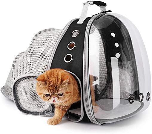 Lollimeow Pet Carrier Backpack, Bubble Backpack Carrier, Cats and Puppies,Airline-Approved, Designed for Travel, Hiking, Walking & Outdoor Use (Black-Expandable)