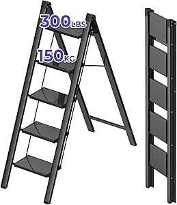 JOISCOPE 5 Step Aluminum Ladder,Lightweight Folding Step Stools for Adults with Wide Anti-Slip Pedal,300 lbs Capacity Portable Sturdy Ladder,Multi Use Ladder for Home Kitchen Office,Space Saving,Black