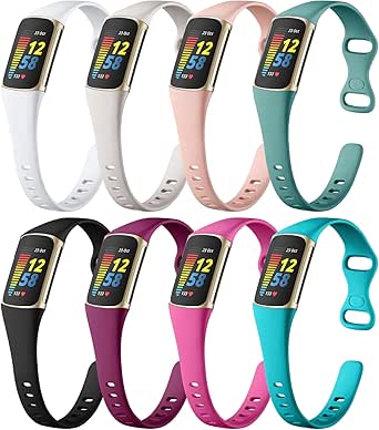 Maledan 8 Pack Band Compatible with Fitbit Charge 5/Charge 6 Bands for Women Men, Soft Slim Silicone Waterproof Sport Strap Replacement Wristband Accessories for Fitbit Charge 5/6 Fitness Tracker