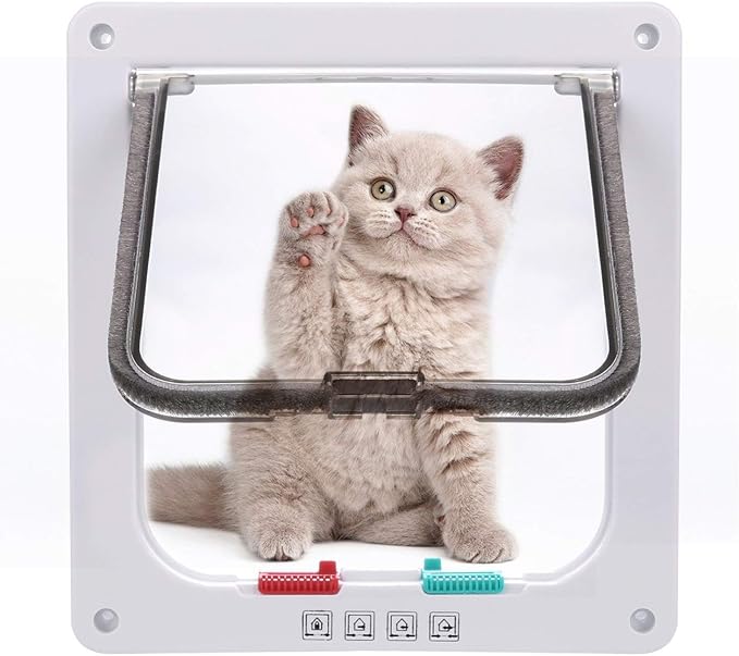 Sailnovo Cat Door Flap Large(Outer Size 9.9"*9.2"), 4-Way Locking Cat Flap for Interior Exterior Doors, Weatherproof Pet Door for Cat/Doggie (Circumference &lt; 23", Weight &lt; 17.64 lb) White