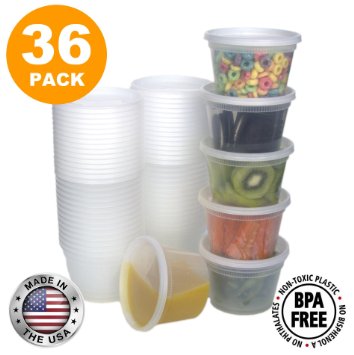 Food Storage Containers with Lids, Round Plastic Deli Cups, US Made, 16 oz, Pint Size, Leak Proof, Airtight, Microwave & Dishwasher Safe, Stackable, Reusable, White [36 Pack]