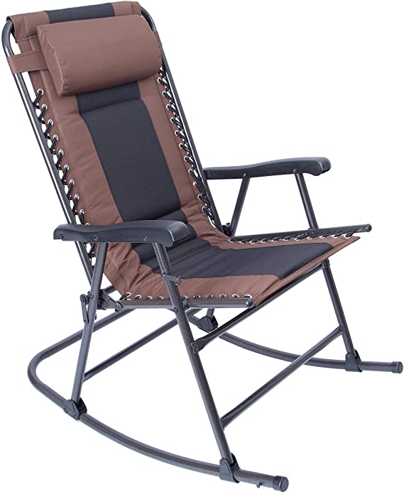 LUCKYBERRY Camping Rocking Chair Folding Padded Patio Lawn Reclining with Armrest, Brown, Supports 300lbs