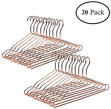 Amber Home 17" Strong Metal Wire Hangers Clothes Hangers, Coat Hanger, Standard Suit Hangers, Metal Hangers with notches, 20 Pack (Rose Copper 20)