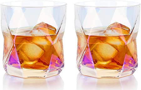 Whiskey Glasses Set of 2, 11 OZ Old Fashioned Glasses, Hand Blown Crystal Rocks Glasses for Bourbon, Liquor, Scotch, Cocktails and Bar Tumblers(Multicolor)