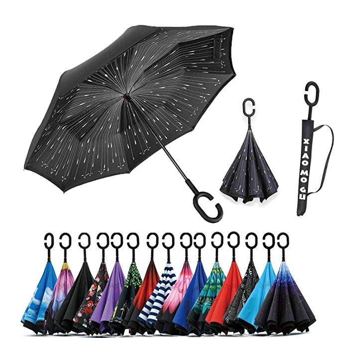 XIAOMOGU Creative Double Layer Inverted Umbrella Cars Reverse Umbrella, Windproof UV Protection Inverted Umbrella for Car Rain Outdoor Upside Down Umbrella with C-Shaped Handle