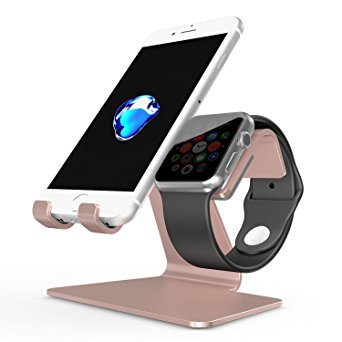 Apple Watch Stand, OMOTON 2 in 1 Universal Desktop Cell Phone Stand and Apple Watch Stand, Advanced 4mm Thickness Aluminum Stand Holder for iPhone and Apple Watch (Both 38mm & 42mm), Rose Gold