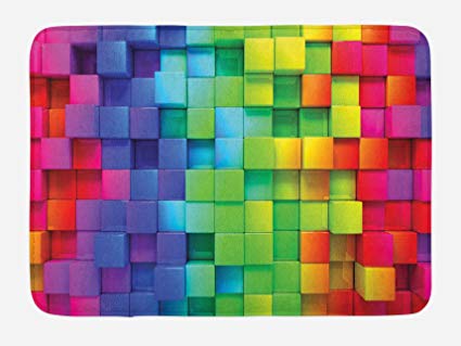 Ambesonne Colorful Bath Mat, Rainbow Colored Contour Display Futuristic Block Brick-Like Geometric Artisan, Plush Bathroom Decor Mat with Non Slip Backing, 29.5 W X 17.5 L Inches, Multicolor