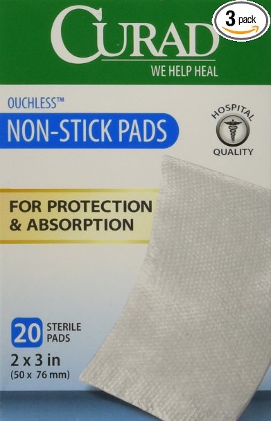 Curad Non-Stick Pads, 2 Inches X 3 Inches with Adhesive Tabs, 20 count,(Pack of 3)