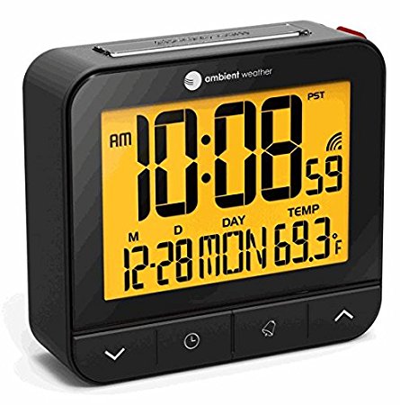 Ambient Weather RC-8487 Atomic Travel Compact Alarm Clock with Auto Night Light Feature