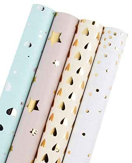 WRAPAHOLIC Gift Wrapping Paper Roll - Polka Dots/Stars/Hearts (2 Kinds) Design for Birthday, Mother Day, Valentine's Day, Wedding, Baby Shower Gift Wrap - 4 Rolls - 30 inch X 120 inch Per Roll