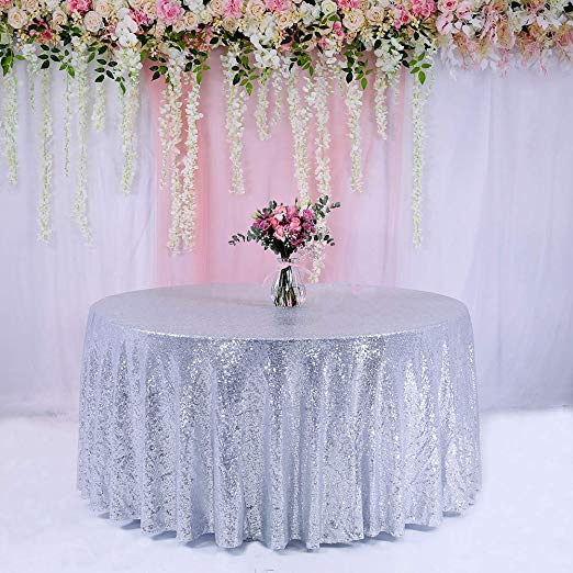 TRLYC 108-Inch Round Wedding Sequin Tablecloth for Wedding Happy New Year-Silver