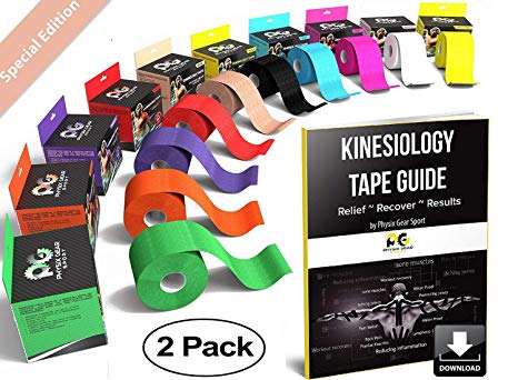 Kinesiology Tape (2 Pack or 1 Pack) by Physix Gear Sport, Best Waterproof Muscle Support Adhesive, 2in x 16.4ft Roll Uncut, Physio Therapeutic Aid for Injury Recovery, Free 82pg E-Guide -BEIGE 2 PACK