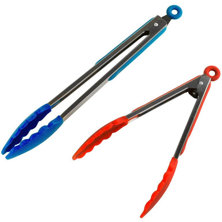 Andrew James Food Tongs Silicone & Stainless Steel - Set of 2, 9” & 12” Non-Stick, Easy Grip Handle, Heat Resistant, Food Grade Kitchen Tongs With Locking Clips - Great Utensil for Cooking, Serving, Sweets, Barbecue, Buffet, Salad, Ice, Oven & Grilling - Blue & Red