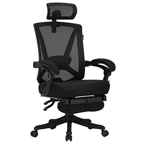 Hbada High Back Ergonomic Computer Desk Office Mesh Recliner Chair with Footrest -Black (Black)