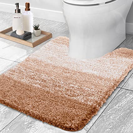 OLANLY Luxury Toilet Rugs U-Shaped, Extra Soft and Absorbent Microfiber Bathroom Rugs, Non-Slip Plush Shaggy Toilet Bath Mat, Machine Wash Dry, Contour Bath Rugs for Toilet Base, 20x24, Beige