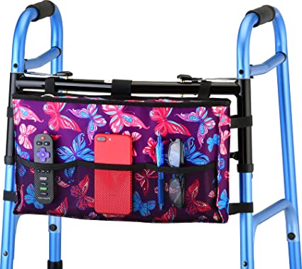 NOVA Walker Bag, Great Walker Storage Bag with Large Compartment and 5 Pockets, Universal Fit on All Folding Walkers, Butterflies