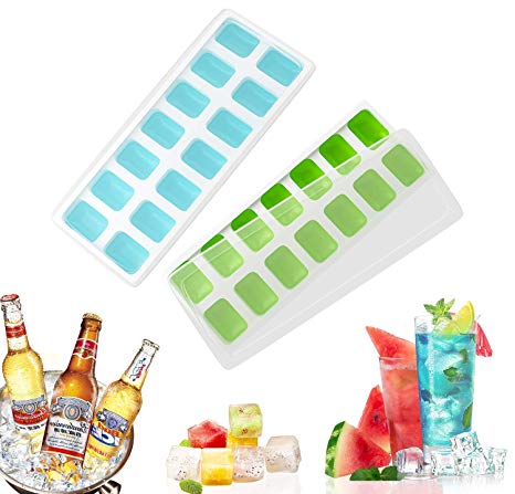 Ice Cube Trays 4 Pack, Easy-Release Silicone and Flexible 14-Ice Trays with Spill-Resistant Removable Lid, LFGB Certified and BPA Free, Stackable Durable and Dishwasher Safe(Blue & Green)