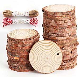 Unfinished Wood Slices 50 Pcs 2.4"-2.8" Natural Wood Rounds with Pre-drilled Hole and 66 Feet Twine String for Christmas Crafts Ornaments Party Wedding Decoration