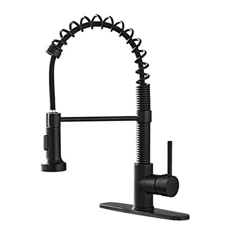 OWOFAN Contemporary Spring Kitchen Sink Faucet with Pull Out Sprayer, Single Handle Kitchen Faucets With Deck Plate, Matte Black 866055R