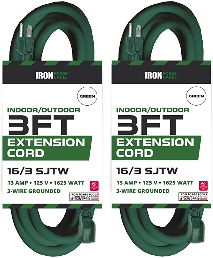 2 Pack of 3 Ft Outdoor Extension Cords - 16/3 SJTW Green 3 Prong Electrical Cable - Great for Powering Christmas Decorations