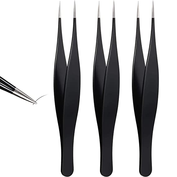 3 Pieces Tweezers for Ingrown Hair Stainless Steel Pointed Blackhead Remover Precision Eyebrow and Splinter Removal Tweezers (Black)