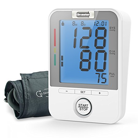 Dr.meter Blood Pressure Monitor-Upper Arm Blood Pressure Cuff Heartbeat Indicator with Large LCD Display Supports 2 Users-180 Sets Measurements